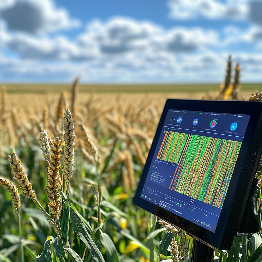 Drone and agronomist reviewing precision-farming data in the field.